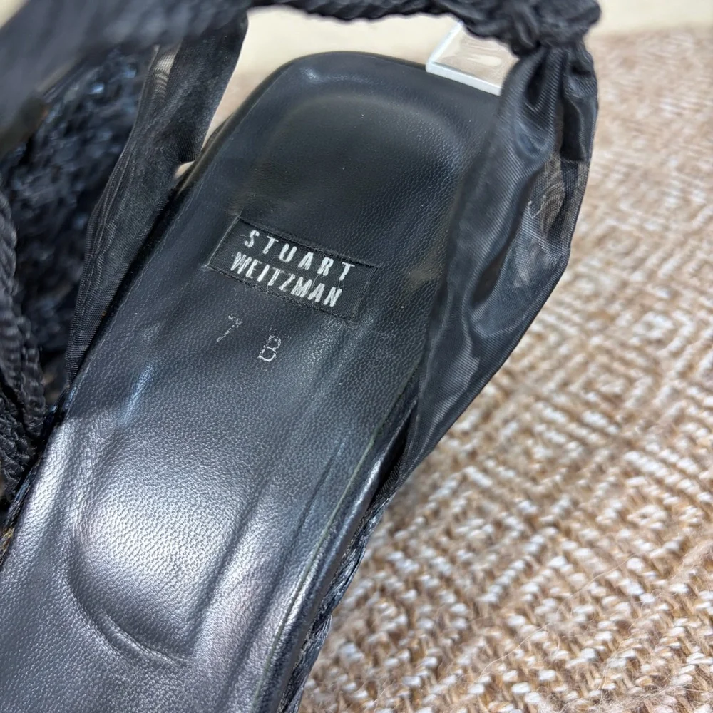 Stuart Weitzman Black Espadrille Wedge Ties Around Ankle Sandals Sz 7B Event